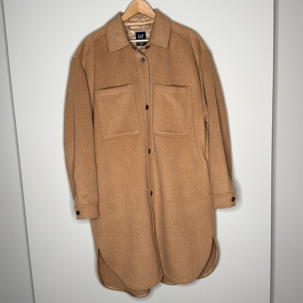 GAP Recycled Wool Blend Jacket Shacket Button Front Womens Size XL Tall in Camel